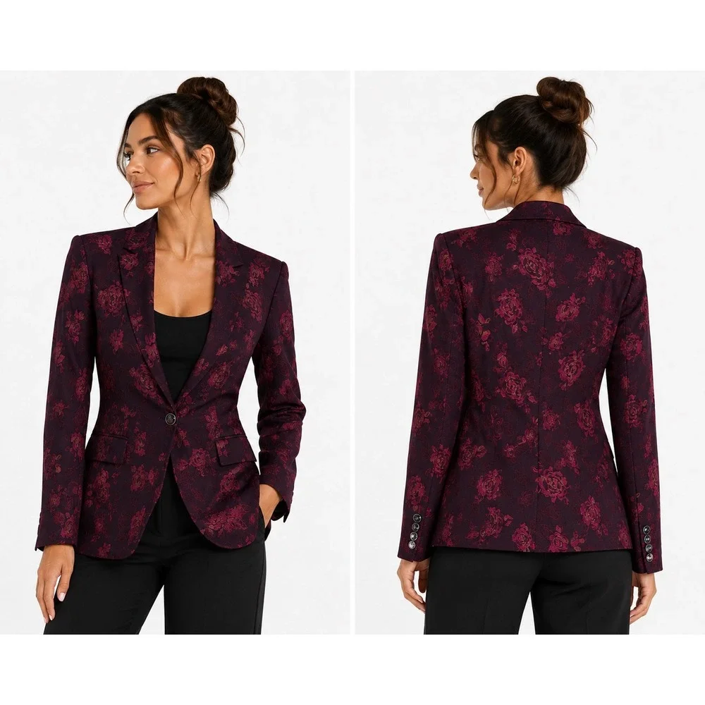 White House Black Market Blazer Women 10 Burgundy Floral Jacquard‎ Rose Dark